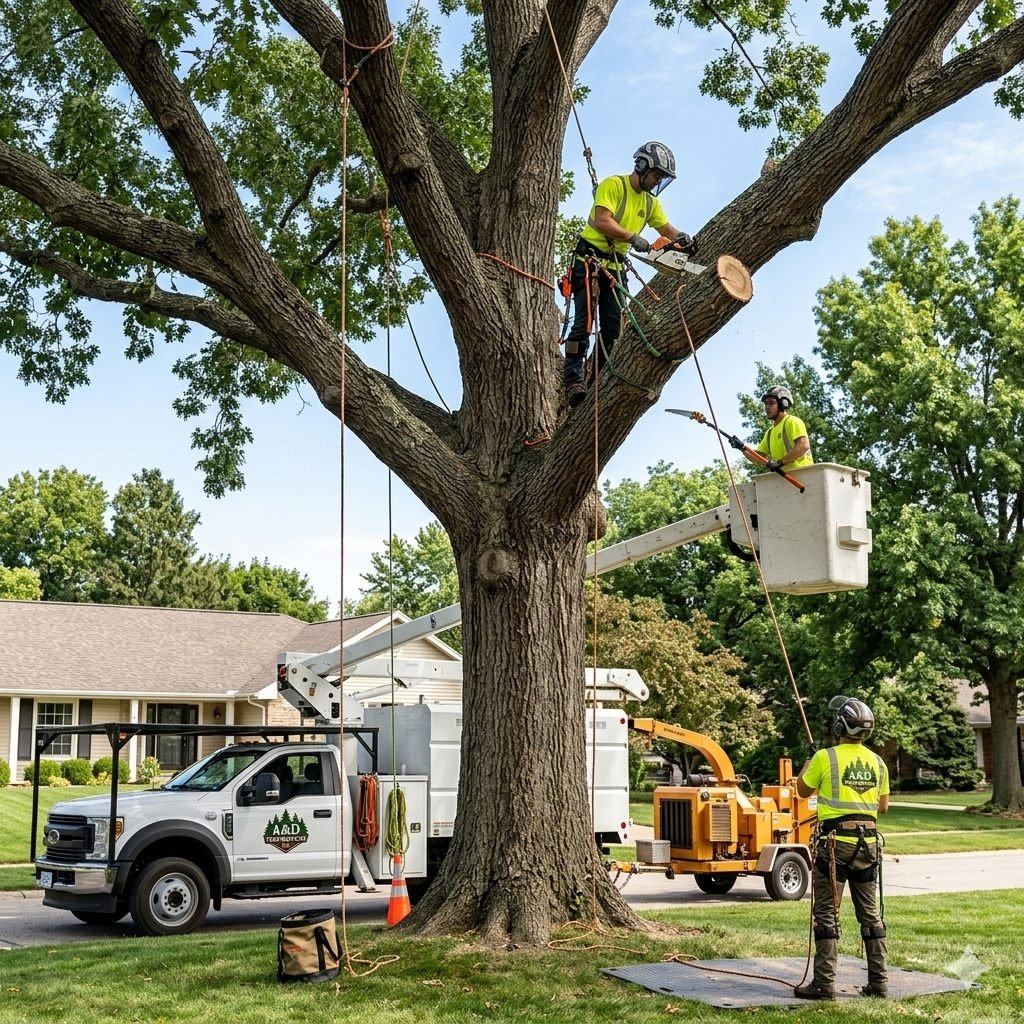 A&D Tree Services crew working in a large tree beside their branded service truck