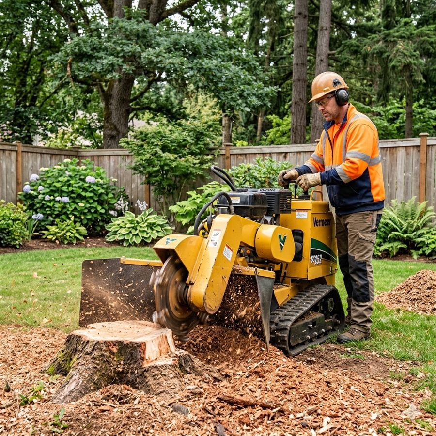 Stump grinding machine removing a tree stump