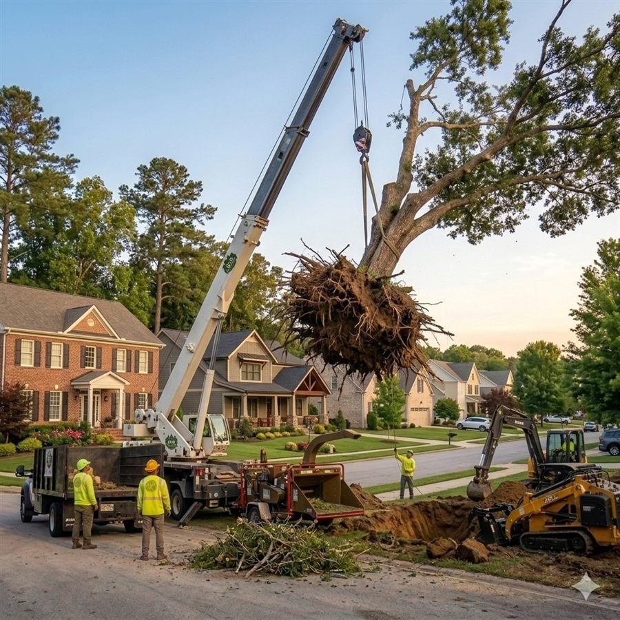 Crane lifting an uprooted tree by its root ball during a removal job