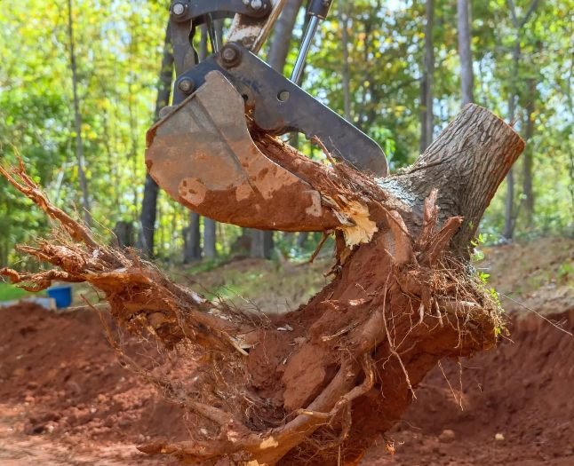 Excavator bucket pulling a full tree stump and root system from the ground
