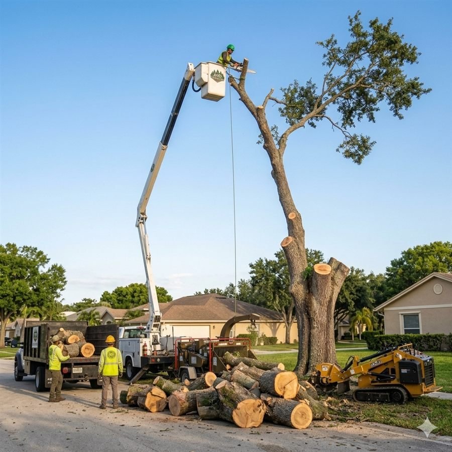 Crew using a bucket truck, chipper, and dump truck to remove a large tree