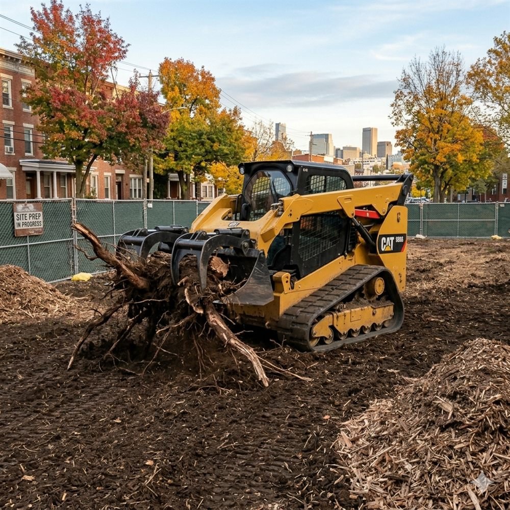 Heavy equipment clearing brush and roots from an overgrown lot