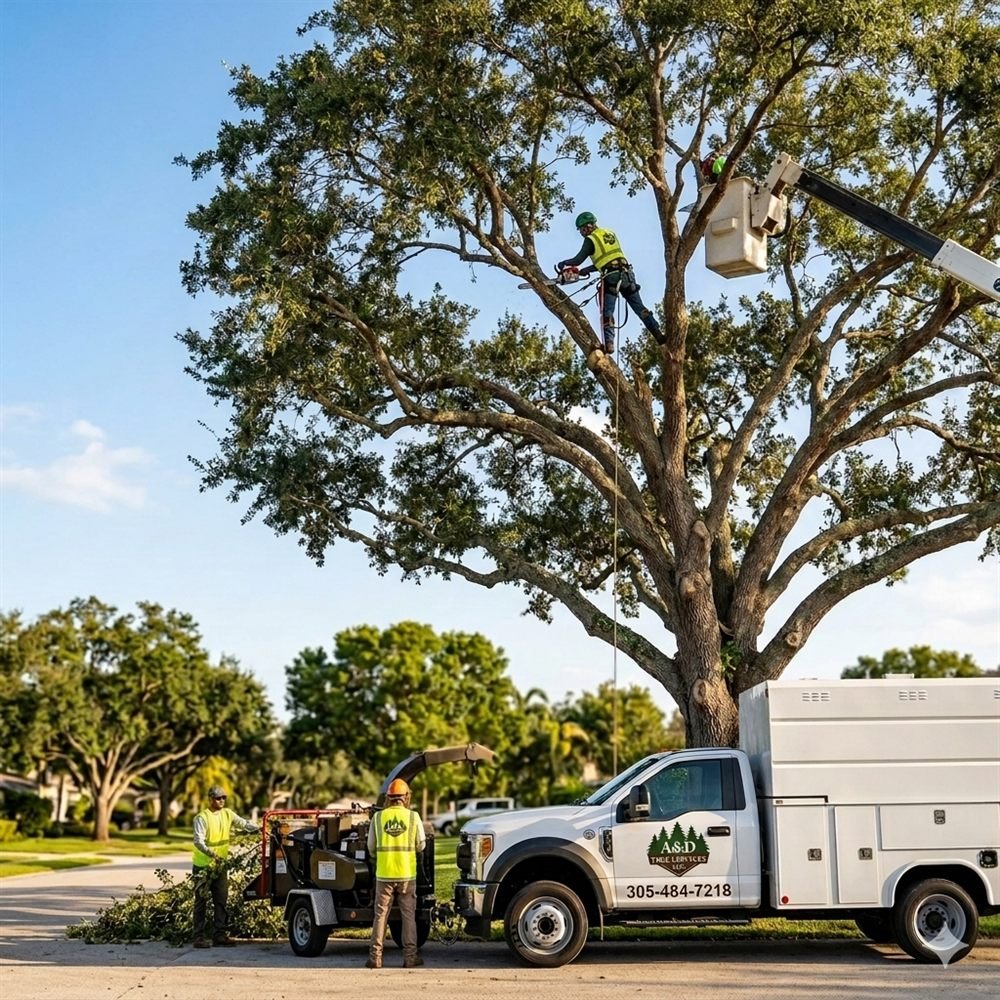 A&D Tree Services arborist pruning a large tree canopy in Miami